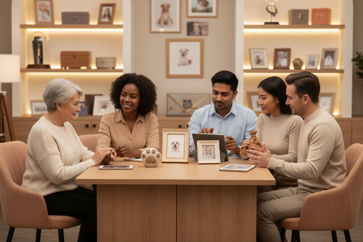 servizio clienti Pet Wisper colori caldi emozioni con persone di diverse etnie che vende memoriali 